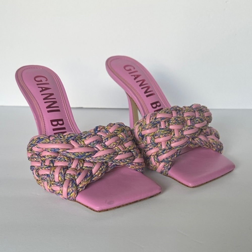 Gianni Bini Bibby woven leather corded square toe heels pink/multicolor 7.5